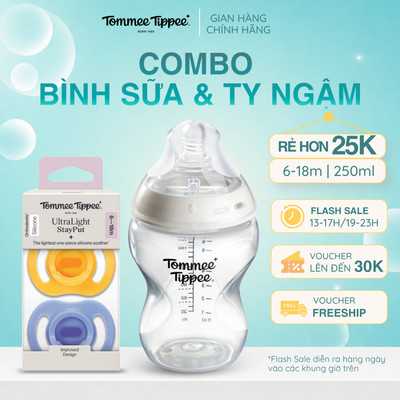 COMBO Ty Ngậm Silicon Cho Bé Từ 6-18 Tháng & Bình Sữa PP Ty Siêu Mềm Tự Nhiên Tommee Tippee Natural Start 260ml
