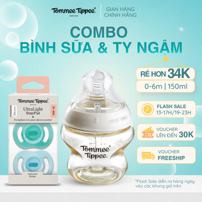 COMBO Ty Ngậm Silicon Cho Bé Từ 0-6 Tháng& Bình Sữa PPSU Ty Siêu Mềm Tự Nhiên Tommee Tippee Natural Start 150ml