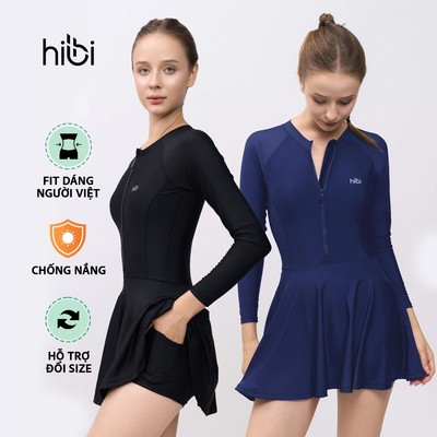 Đồ Bơi Liền Thân Hibi Sports SS005 - Kiểu Tay Dài Váy Xòe, Kèm Mút