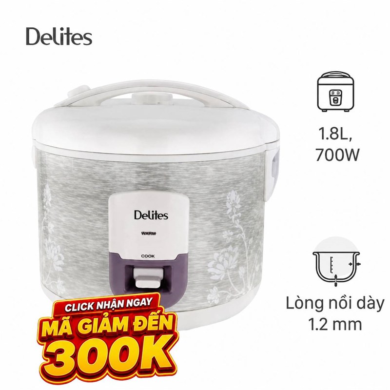 Nồi cơm nắp gài Delites 1.8 lít NCG1805 chính hãng trưng bày mới 98-99% Bảo hành 12 tháng