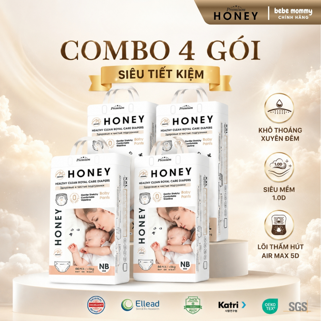 COMBO 4 Tã Quần - Dán Honey Premium -  Tả Quần/Dán Siêu Mỏng 1.9mm, Thấm Hút 1200ml Siêu Thoáng Khí 