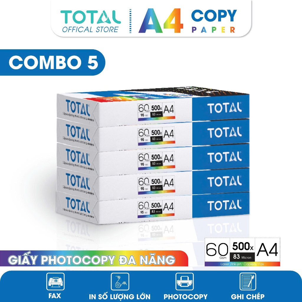 Combo 5 ram Giấy A4 TOTAL định lượng 60gsm 500 tờ