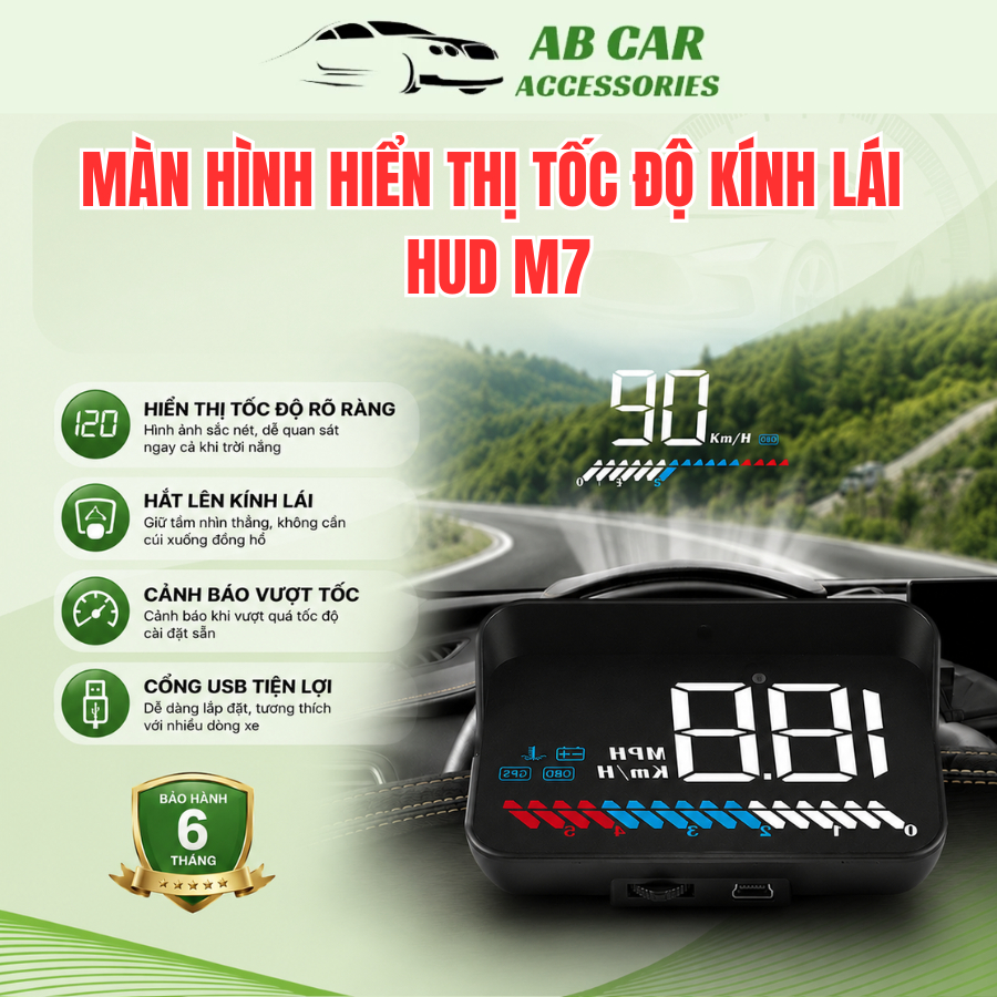 Màn Hình Hắt Kính HUD M7 Hiển Thị Tốc Độ Và Cảnh Báo Tốc Độ Ô Tô, Xe Hơi Cắm Cổng OBD2 + USB GPS