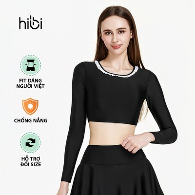 Áo bơi nữ Hibi Sports SS013 - Kiểu croptop tay dài, cổ nhún bèo trắng, kèm mút