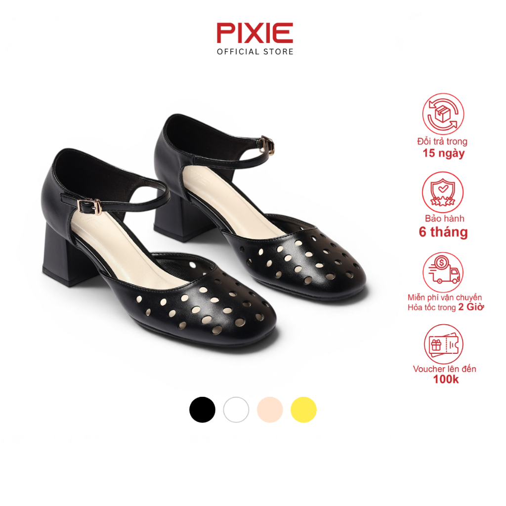 Giày Sandal Gót 5 Phân Gót Vuông Thiết Kế Cắt Laser Tròn Mềm Mại Pixie H392