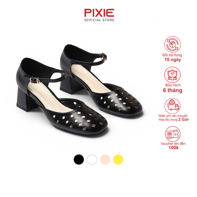 Giày Sandal Gót 5 Phân Gót Vuông Thiết Kế Cắt Laser Tròn Mềm Mại Pixie H392