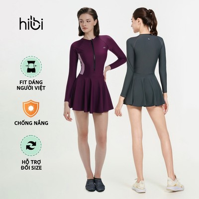 Đồ bơi liền thân Hibi Sports SS017 - Kiểu tay dài váy xòe phối 2 màu, kèm mút