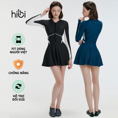 Đồ bơi liền thân Hibi Sports SS020 - Kiểu tay dài váy xòe phối 2 màu, kèm mút