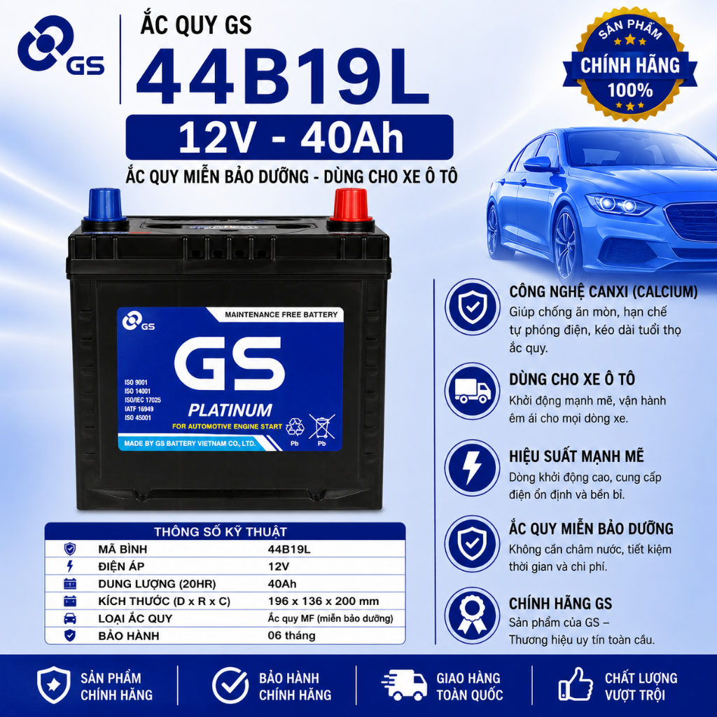 ắc quy 12v khô GS MF 44B19L (12V, 40ah) cọc nhỏ, kia morning, i10, city, xpander, etiga