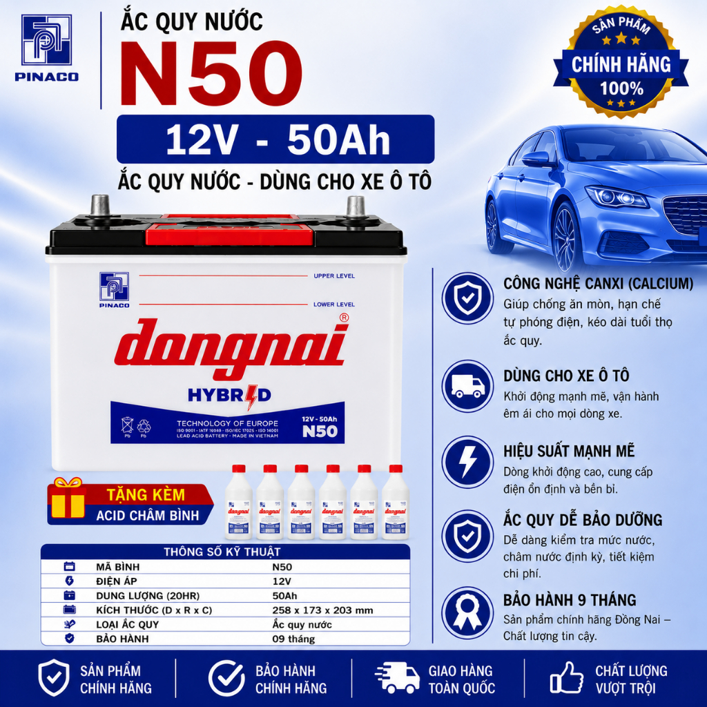 Bình ắc quy nước 12v Hybrid đồng nai N50 | 12V - 50ah (tặng kèm acid châm bình) sài đèn quạt, oxy cá
