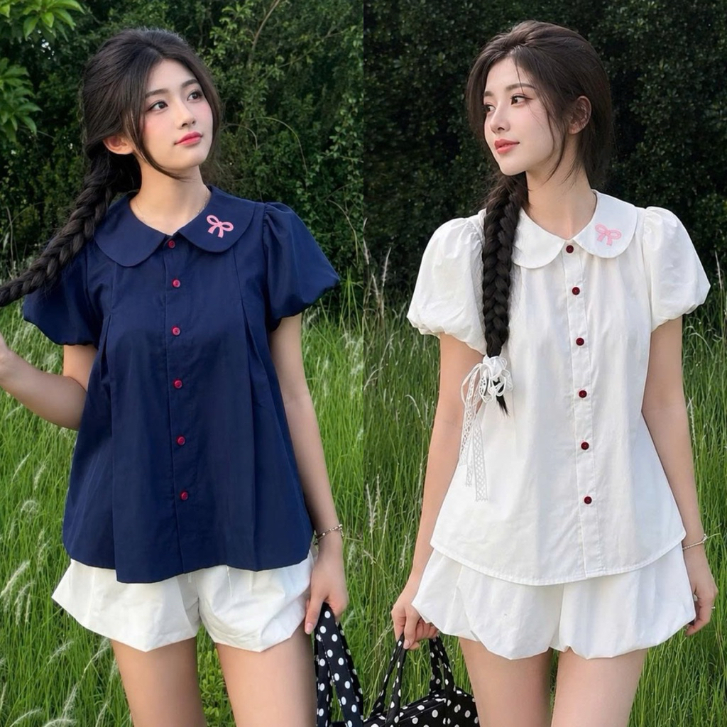 Áo sơ mi cổ bèo sen tay phồng dáng babydoll khuy đỏ in nơ Hồng xinh xắn BYN BYN SMZ933NOHONG