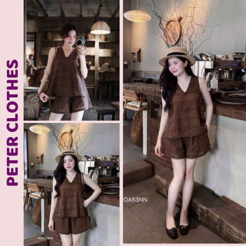 Đồ bộ đùi nữ thô đũi thêu đục lỗ áo sát nách cổ V dáng suông phối quần short ngắn HCOM27730