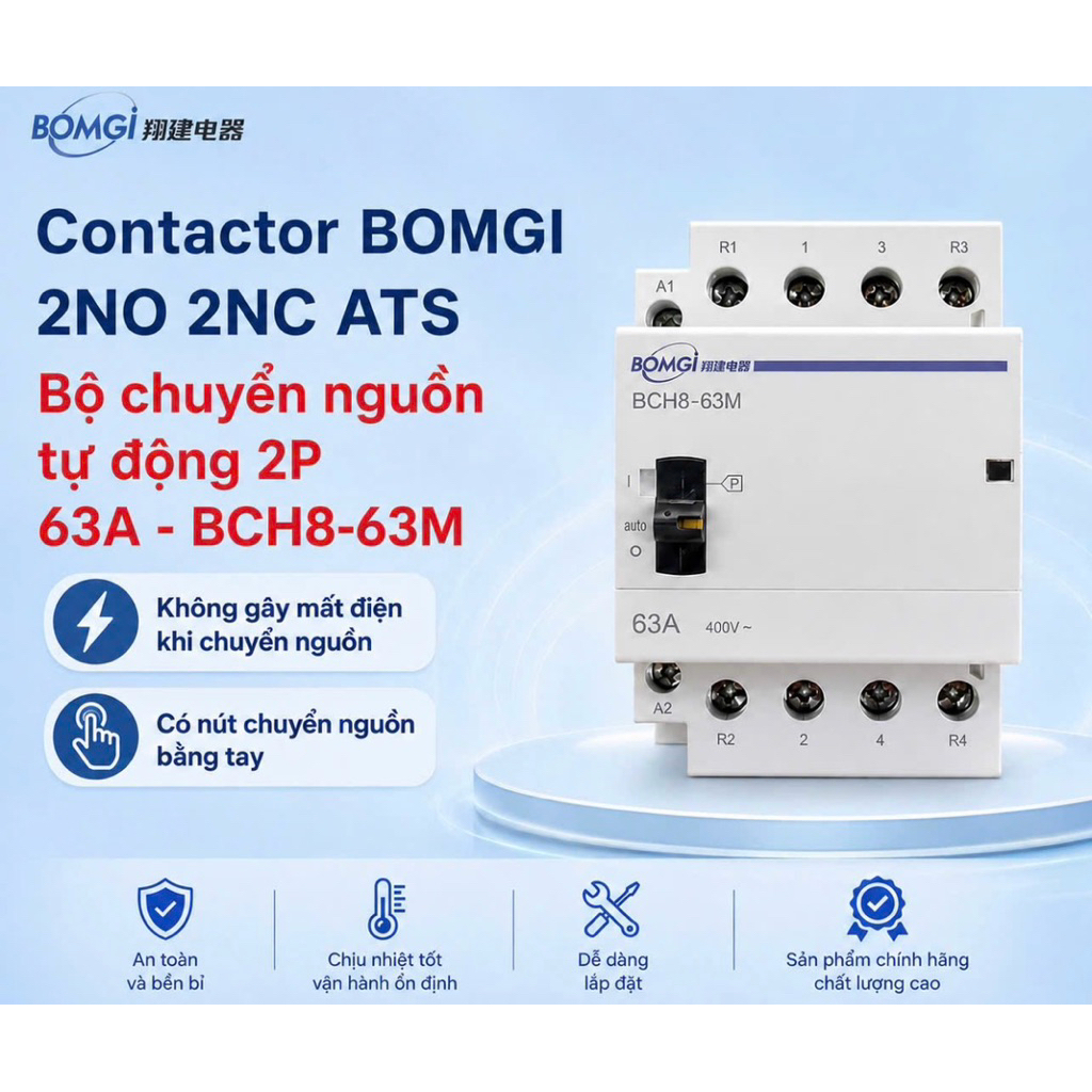 Contactor BOMGI 2NO 2NC ATS cầu dao chuyển nguồn tự động 2P 63A - BCH8-63M