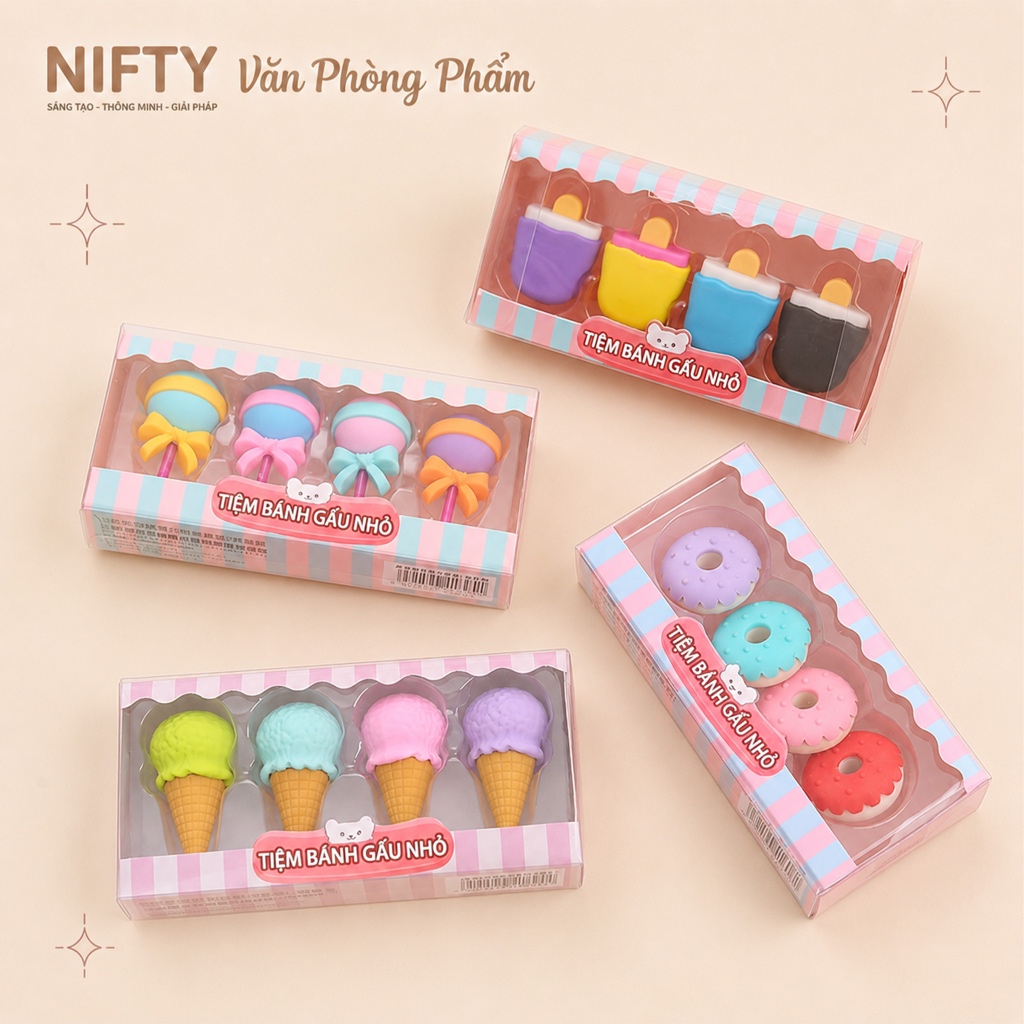 Set 4 gồm tẩy 3D Nifty/ tẩy bút chì dễ thương