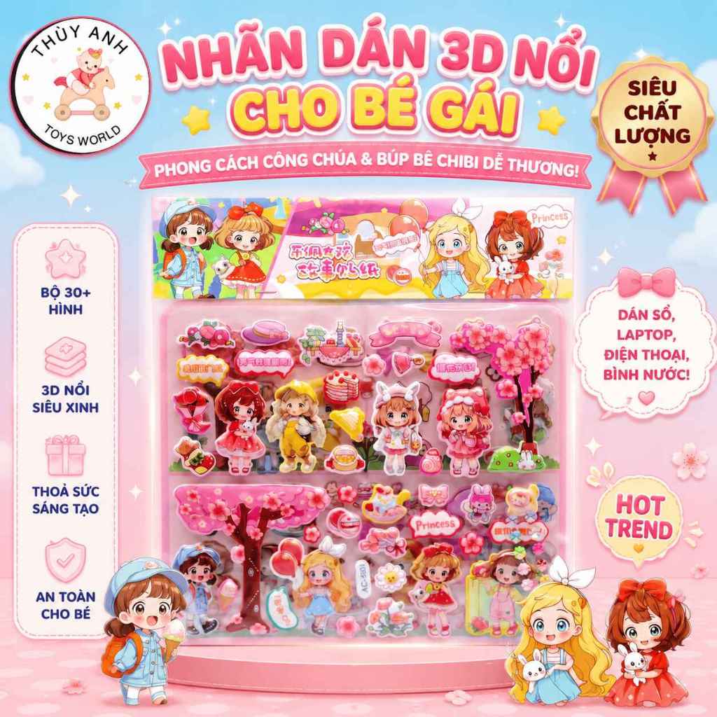 Sticker 3D Nổi Cho Bé Gái Hình Công Chúa Chibi Dễ Thương - Bộ Nhãn Dán 30+ Hình Trang Trí Sổ Tay,