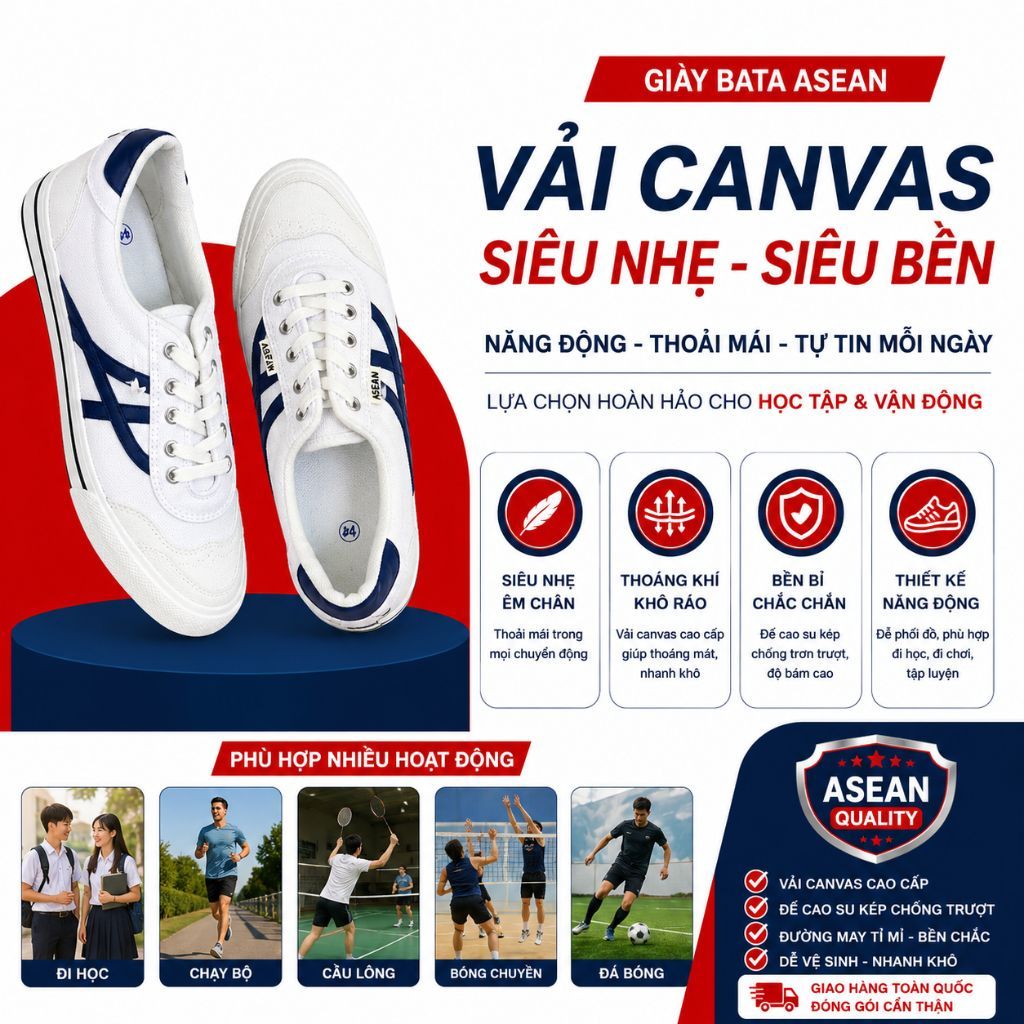 Giày Bata ASEAN Canvas - Giày Vải Nam Nữ Thoáng Khí, Học Sinh, Sinh Viên, Đi Học, Đi Chơi