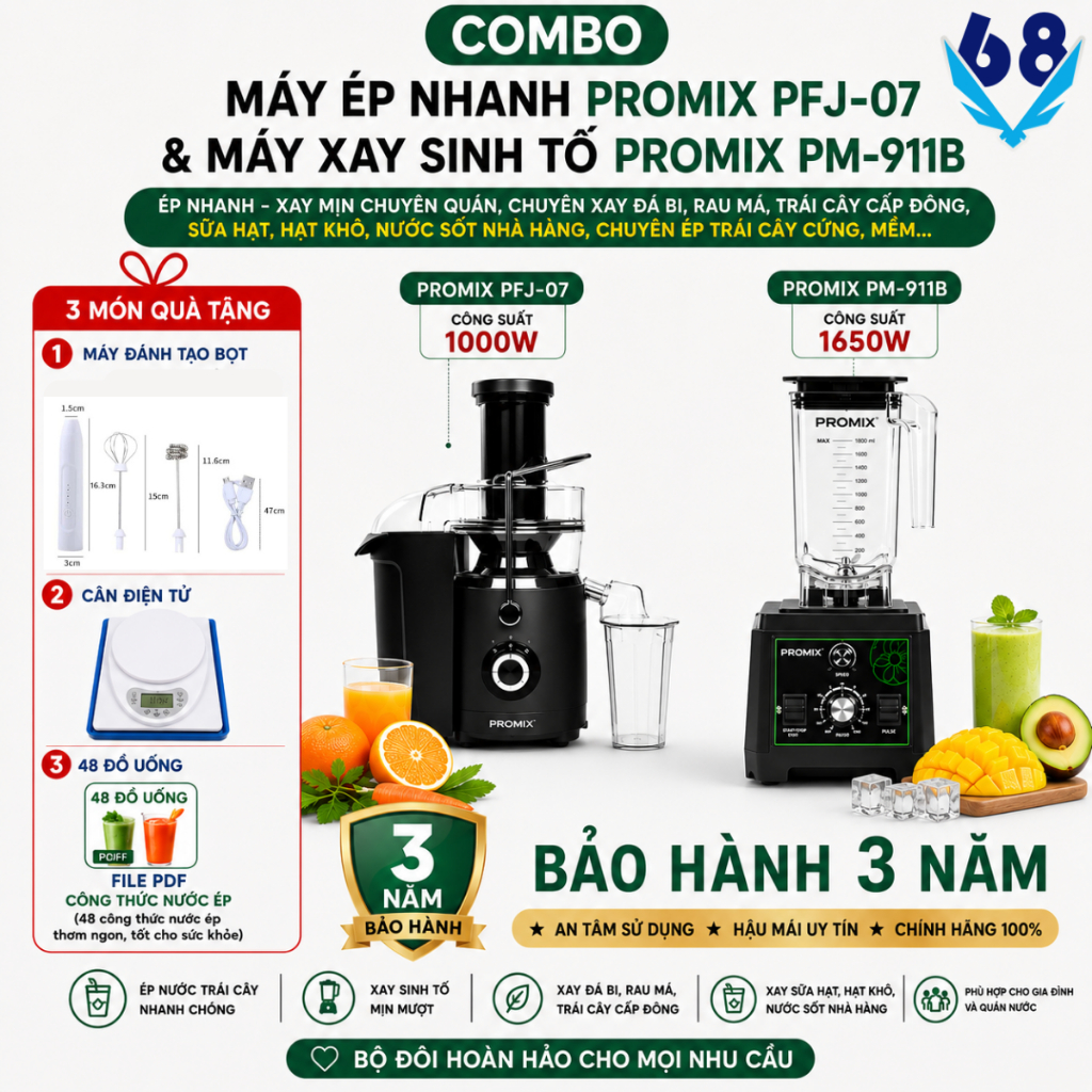 Combo Promix PFJ-07 + PM-911B Chính Hãng Máy Ép Nhanh & Máy Xay Sinh Tố Công Nghiệp BH 36 Tháng
