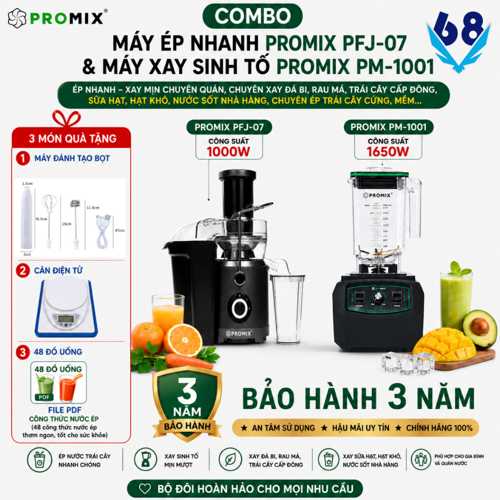 Combo Máy Ép Nhanh PFJ-07 + Máy Xay Sinh Tố PM-1001 Xay Cực Mịn Ép Khỏe Bảo Hành 36 Tháng