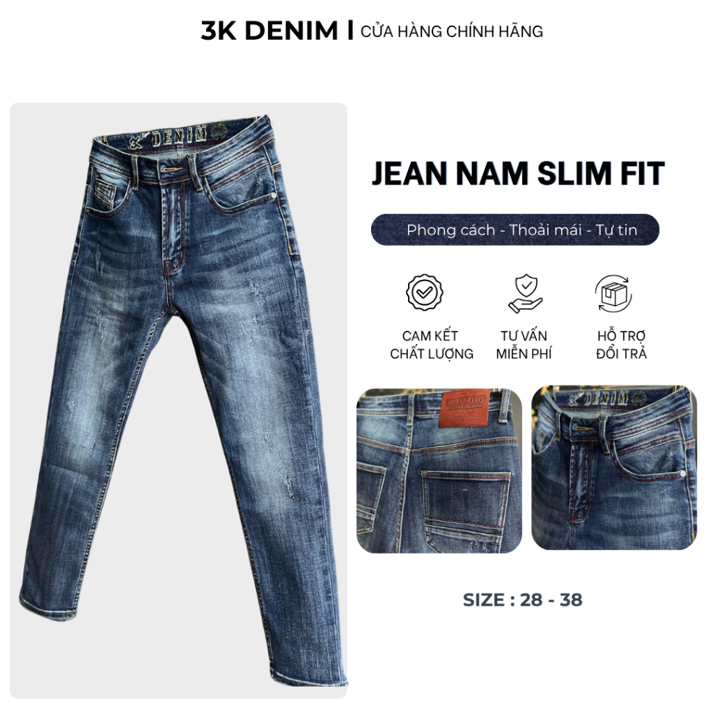 [3K DENIM]Quần Jean Denim Guangzhou J4039-3K1523 Màu Xanh Was Thêu Lưng Xanh Lá Mẫu Mới