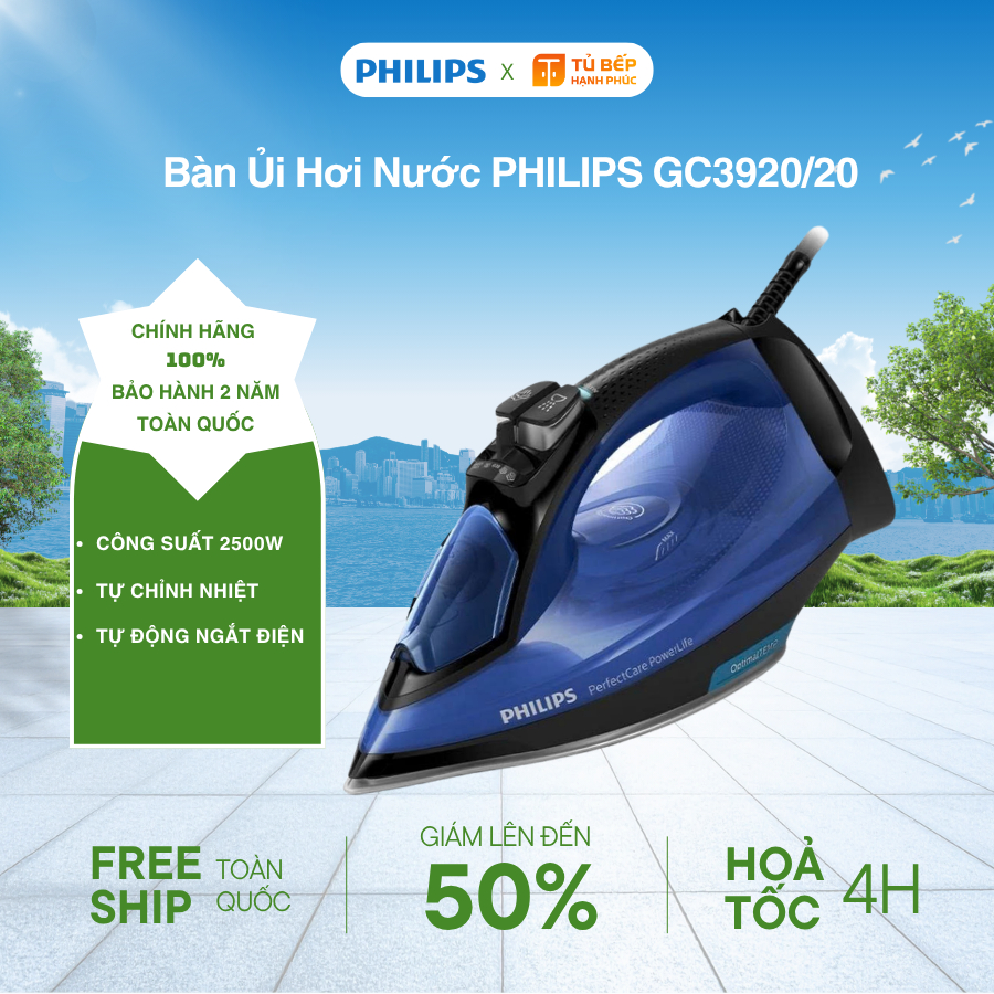 Bàn Ủi Hơi Nước PHILIPS GC3920/20 2500W - Tự Chỉnh Nhiệt Chống Cháy, Phun Hơi Tăng Cường
