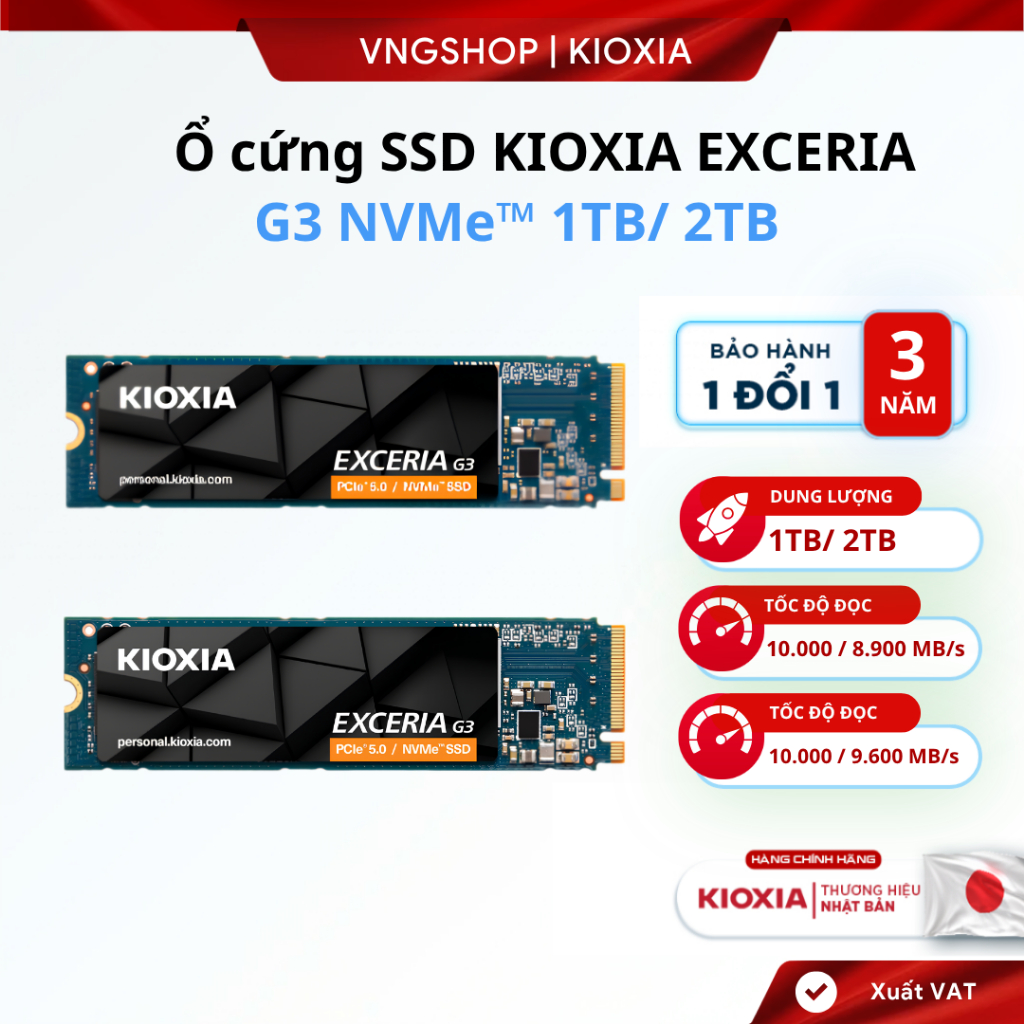 SSD NVMe 1TB/ 2TB KIOXIA EXCERIA G3 Gen5x4 R10000 W8900. Mã LVC10Z001TG8 [BH 60T]