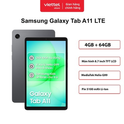 Máy tính bảng Samsung Galaxy Tab A11 LTE 4GB+64GB | Màn Hình 8.7" | Pin 5100mAh | MediaTek Helio G99