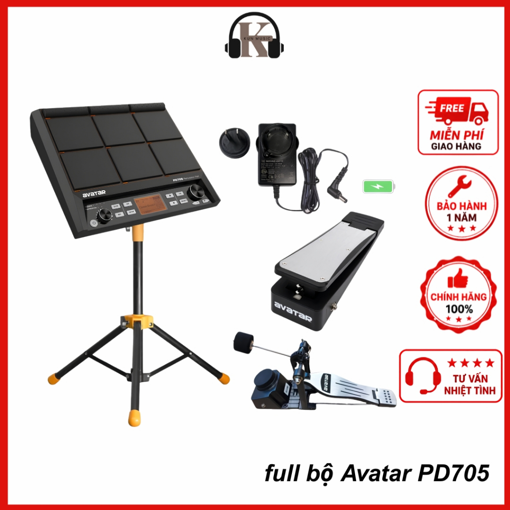 Bộ Trống Điện HXW Avatar PD705 Percussion Pad - Kèm Chân, Kick, Hihat Pedal Electronic Drum 9 Mặt PD