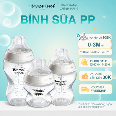 Bình Sữa PP Ty Siêu Mềm Tự Nhiên Tommee Tippee 150ml, 260ml, 340ml, Set Đôi, Nhiều Size, Được Mua Kèm Thêm 01 Núm Ty
