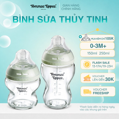 Bình Sữa Thuỷ Tinh Ty Siêu Mềm Tự Nhiên Tommee Tippee Natural Start 150ml, 250ml, Được Mua Kèm Thêm 01 Núm Ty Bất Kỳ