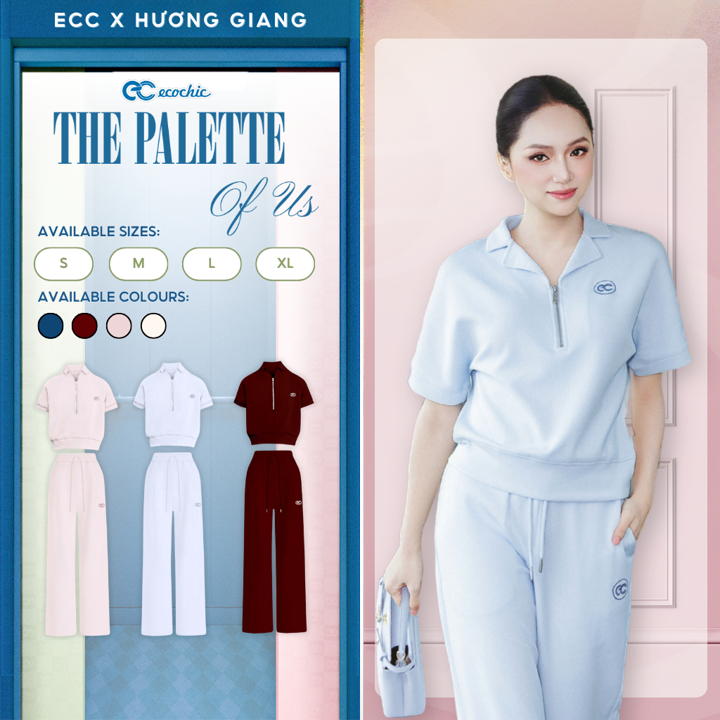 Set Bộ Tencel ECOCHIC B222 Áo Polo Cách Điệu Logo Thêu Quần Ống Suông Chính Hãng