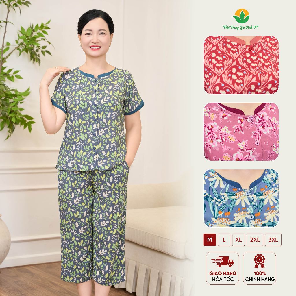 Đồ bộ mặc nhà trung niên chất Lanh mềm mát thời trang Việt Thắng quần lửng áo cộc tay B06.6019