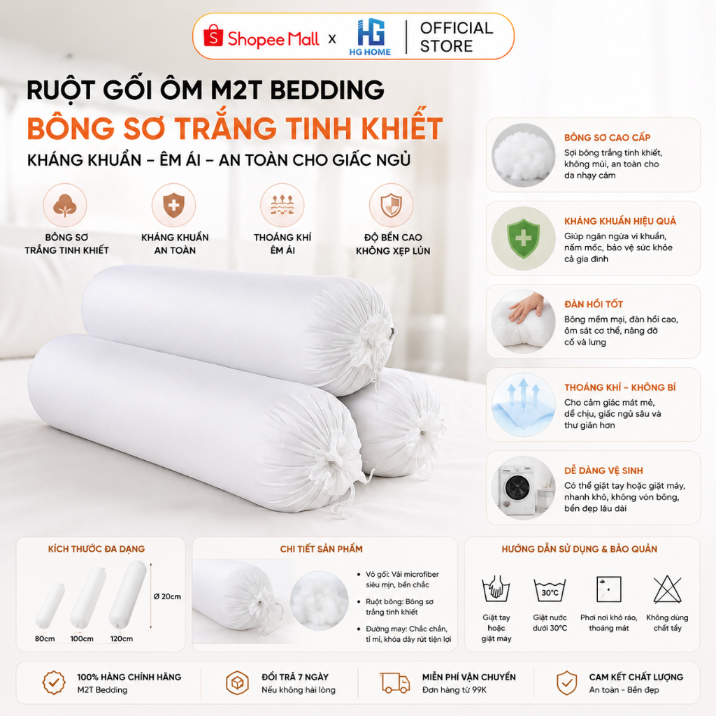 Ruột gối ôm M2T Bedding bông sơ trắng tinh khiết kháng khuẩn