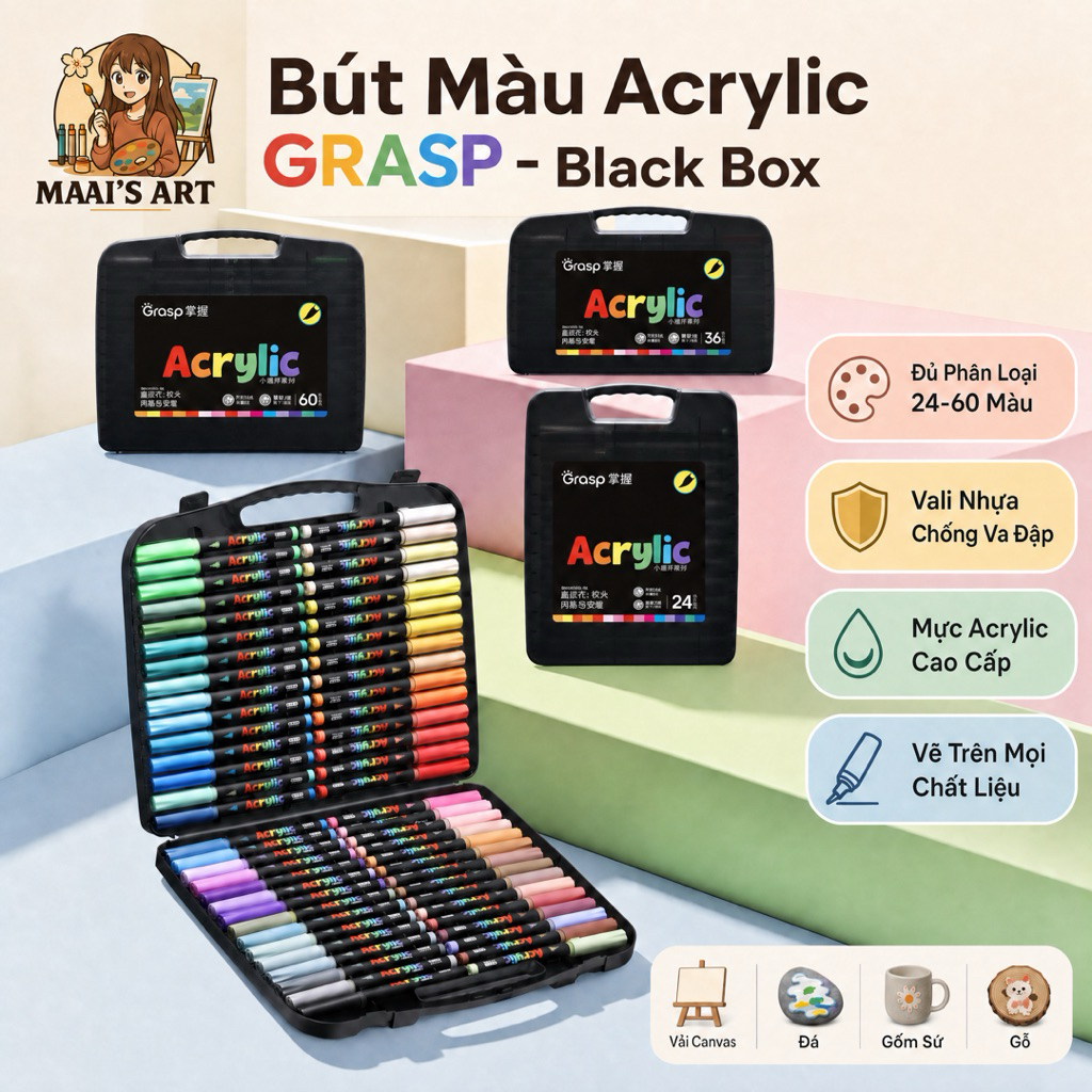 Bộ 60 Màu Grasp Acrylic Marker Black Box Ngòi Brush - Lượng Mực 2.7ml Vẽ Mọi Chất Liệu Không Thấm Gi