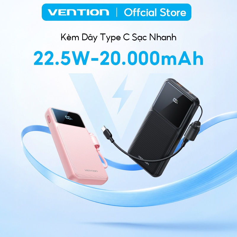 Pin Sạc Dự Phòng 20000mAh Vention 22.5W, Đạt Chuẩn 3C, 2 Cổng USB-A/C Kèm Dây Sạc Type C Màn LED Cho Điện Thoại Laptop