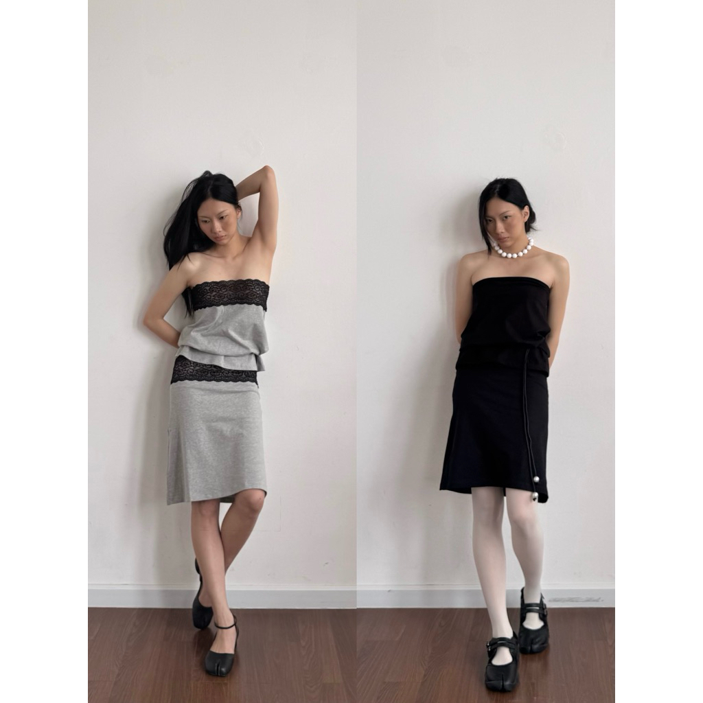 PHINDASPOT - 2 TRONG 1 VÁY MIDI VÀ ÁO TUBE BASIC PHỐI REN - KÈM DÂY THẮT EO - LACE & BASIC MIDI-TUBE