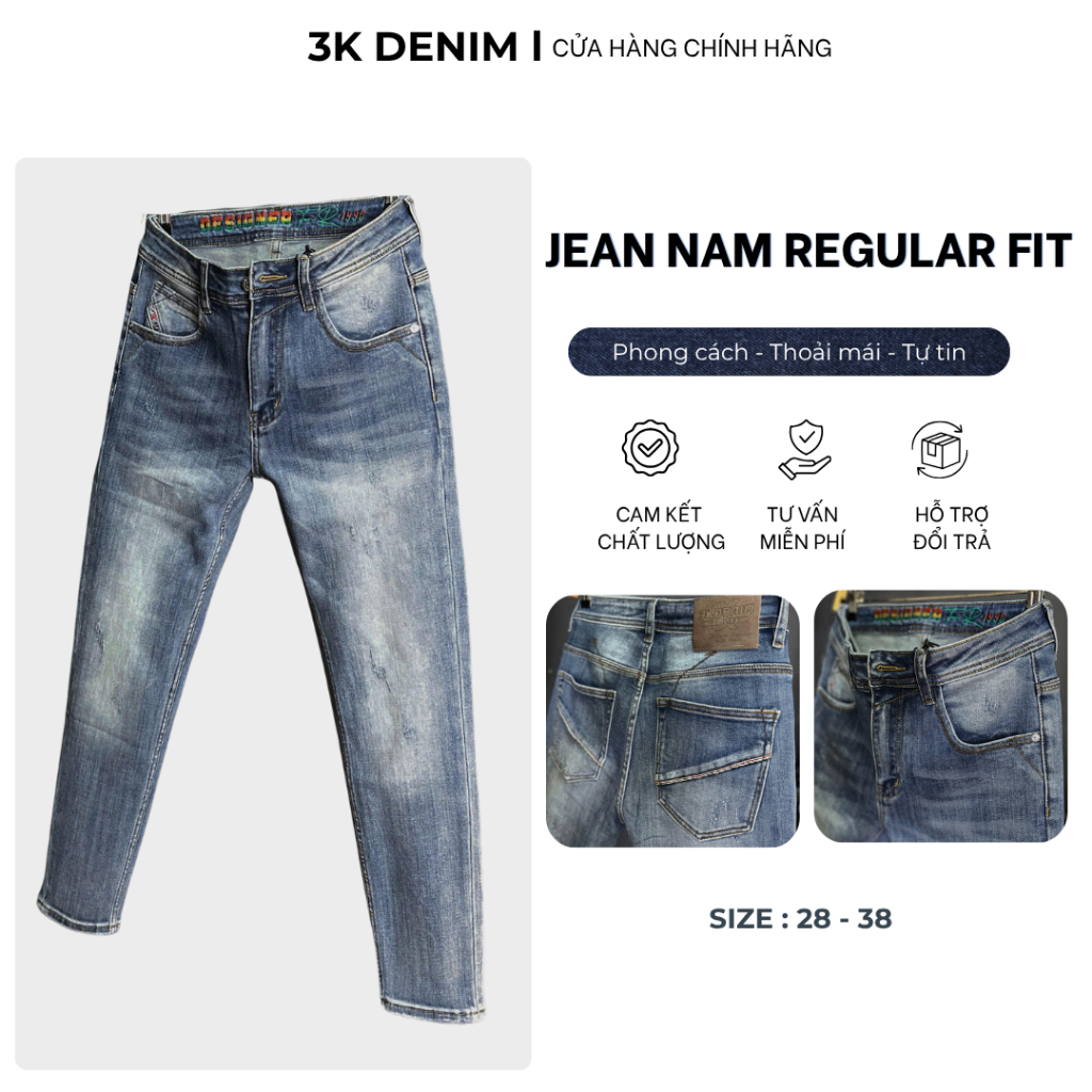 [3K DENIM] Jean Denim Guangzhou-3K1936 Quần Jean Nam Dài Màu Xanh Was Viền Túi Sau J4002