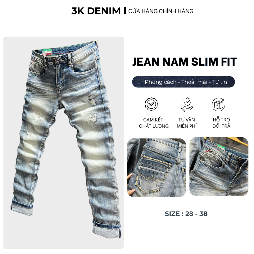 [3K DENIM] Quần Jean Denim Guangzhou J4130-3K-M19 Màu Xanh Bạc Thêu Túi Rách Nhẹ Chất Denim Co Gĩan
