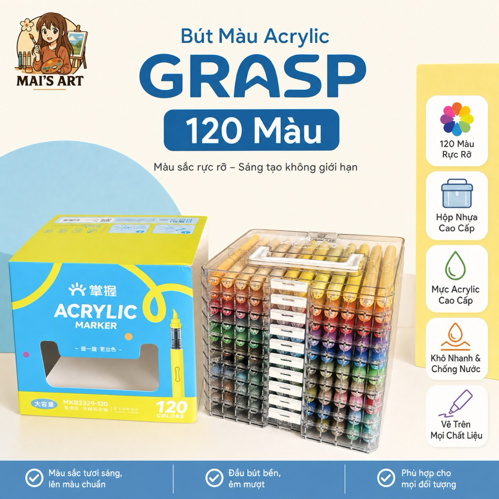 Bộ 120 Màu Grasp Acrylic Marker Clear Box Ngòi Brush - Lượng Mực 2.8ml Vẽ Mọi Chất Liệu, Không Thấm 