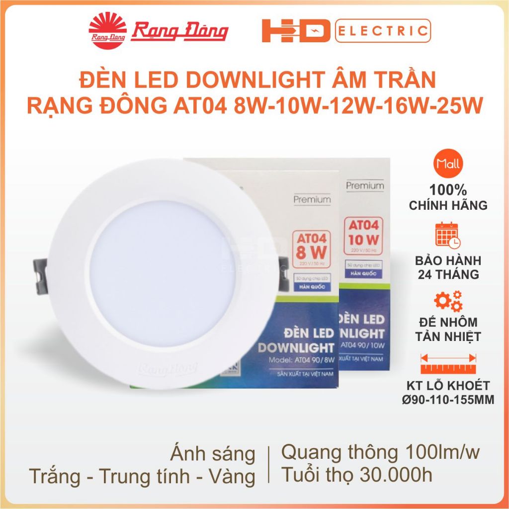 Đèn LED Downlight Âm trần Rạng Đông AT04 8W 10W 12W 16W 25W ánh sáng Trắng Trung tính Vàng