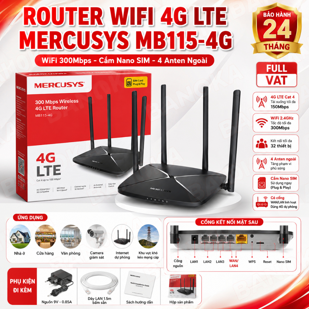 Router WiFi 4G Cắm SIM MERCUSYS MB115-4G 300Mbps 4 Anten