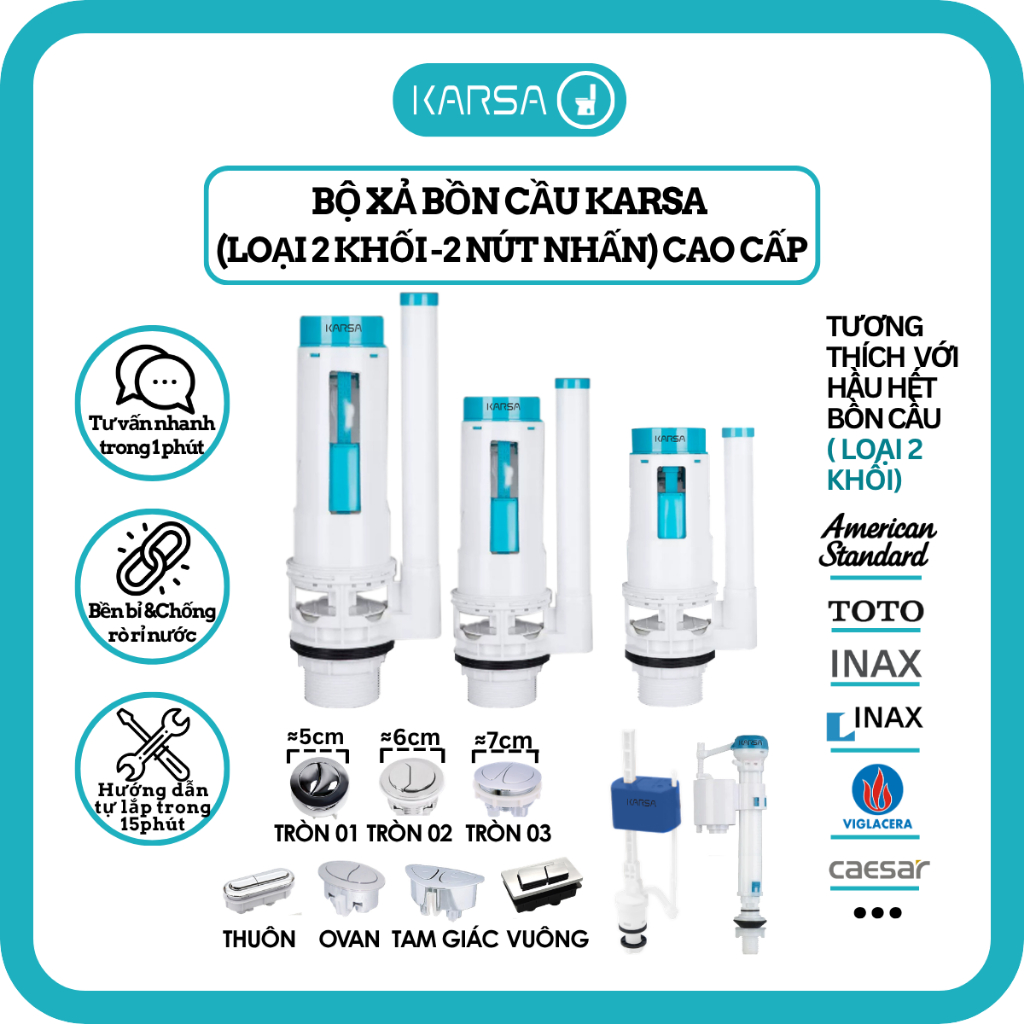 Bộ xả nước bồn cầu 2 khối thay thế Inax American Standard Toto caesar viglacera chính hãng KARSA cao