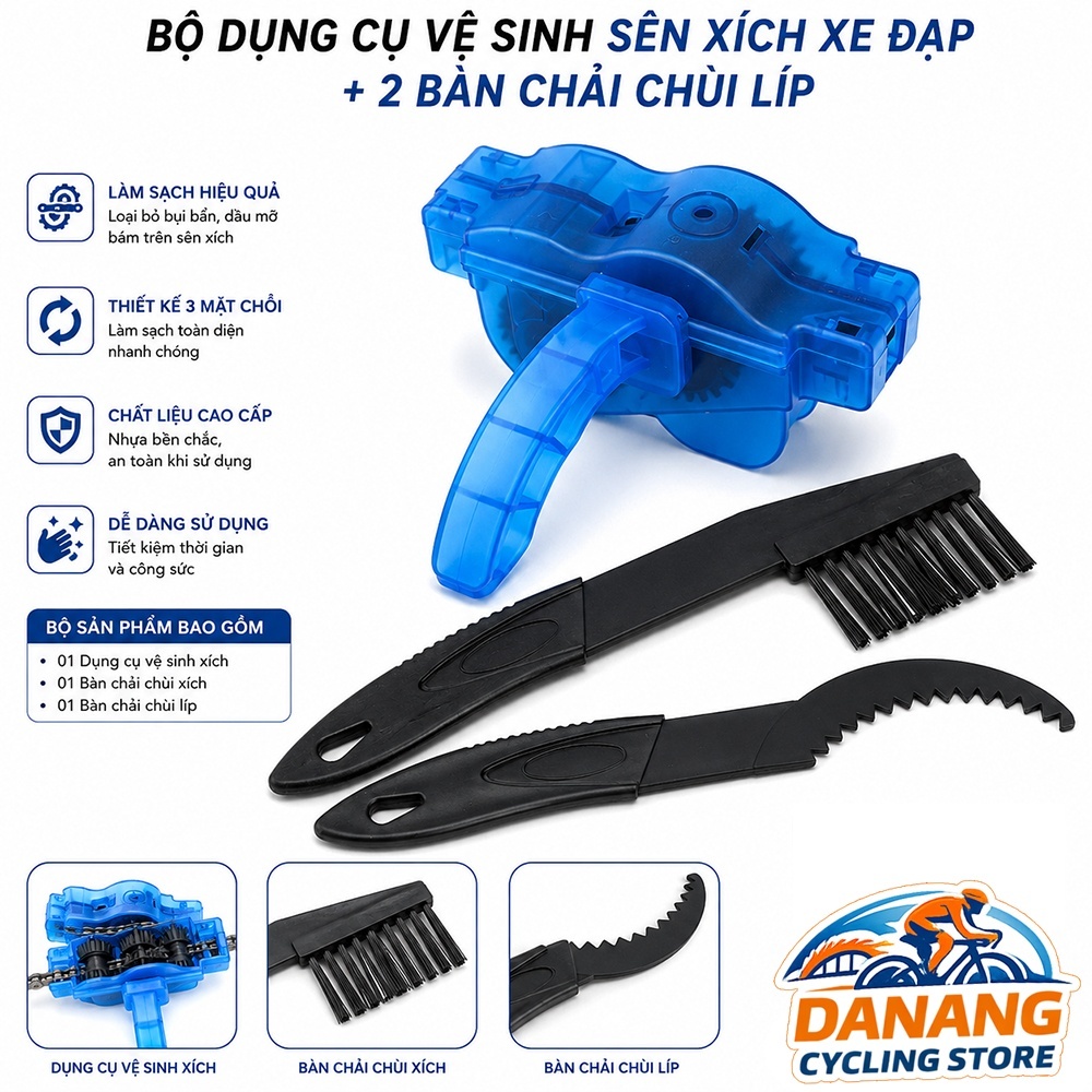 Bộ Dụng Cụ Vệ Sinh Sên Xích Xe Đạp + 2 Bàn Chải Chùi Líp