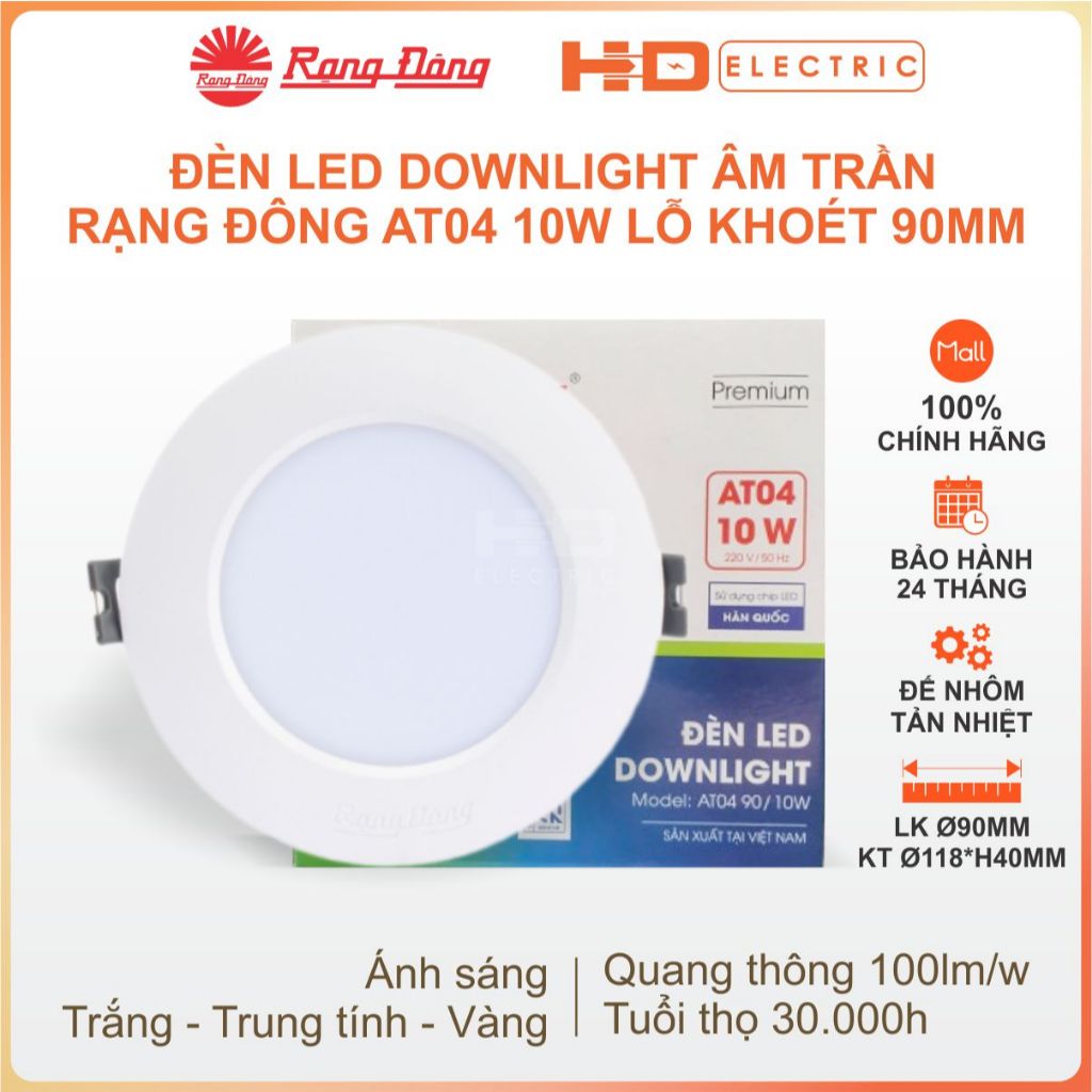 Đèn LED Downlight Âm trần Rạng Đông AT04 10W Lỗ khoét 90mm ánh sáng Trắng Trung tính Vàng