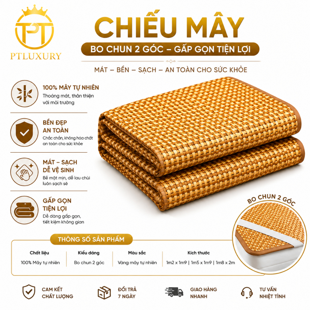 Chiếu Điều Hòa Sợi Mây PTLUXURY Lót Lụa Cao Cấp Thoáng Mát Dễ Dàng Vệ Sinh
