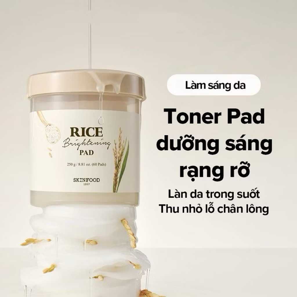 Toner Pad SKINFOOD Rice Brightening & Acorn Pore Peptide 250g 60 Miếng - Dưỡng Sáng Da, Cấp Ẩm, Cải 