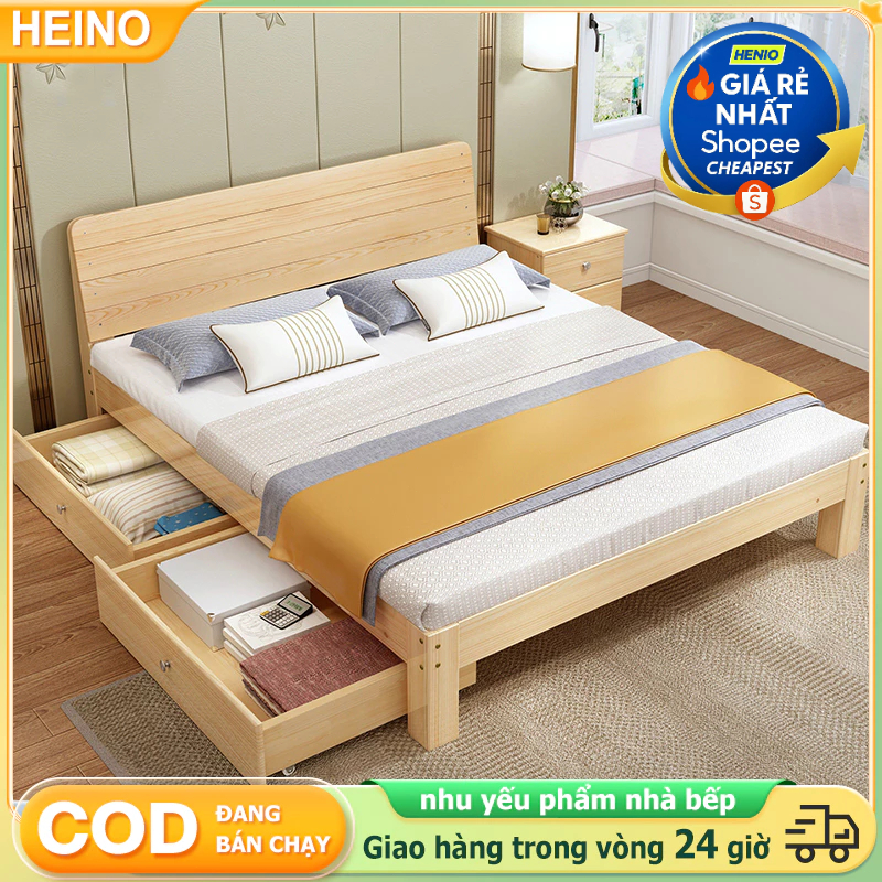 HEINO Giường Ngủ Gỗ Thông Tự Nhiên Có Chân Hiện Đại Cao Cấp bền đẹp Không Bị Mối Mọt Hàng Xuất Khẩu