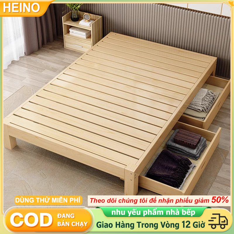 HEINO Giường Ngủ Hiện Đại Gỗ Tự Nhiên Giường Pallet Gỗ Thông Mới Đẹp Chất Lượng gỗ thật 100%