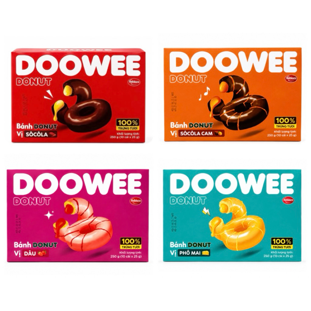 BÁNH DOOWEE DONUT SOCOLA/ DÂU/ CAM/ PHÔ MAI HỘP 250G (10 CÁI)