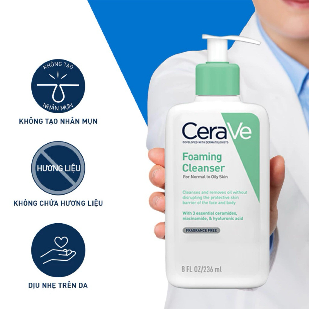 Sữa Rửa Mặt Cerave Foaming Facial Cleanser 236ml ,Cerave Sữa Rửa Mặt Dành Cho Da Dầu Mụn
