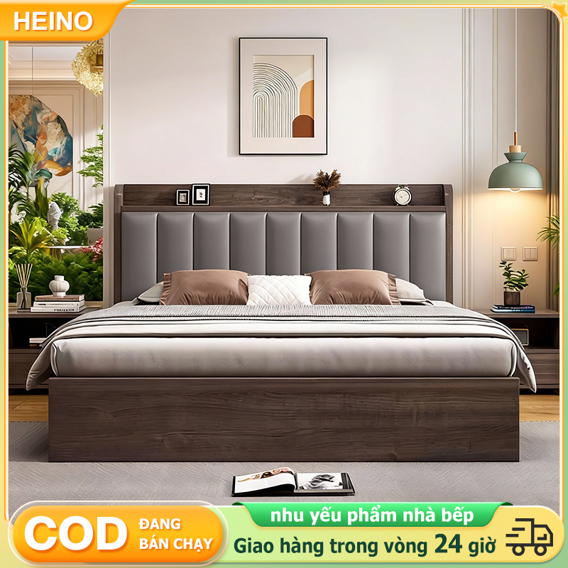 HEINO Giường Ngủ Gỗ Đầu Bọc Nệm Có Kệ Đồ Khung Dát Chắc Chắn Chịu Lực Tốt Decor Phòng Ngủ 1m6